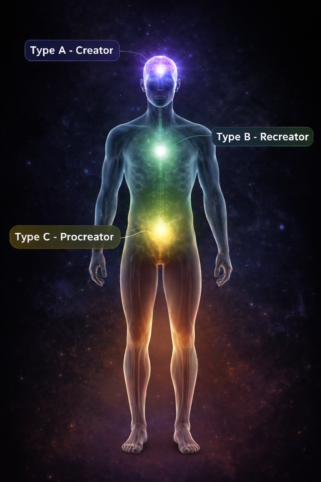 HEOM body map showing A Creator at head, B Recreator at core, C Procreator at lower body